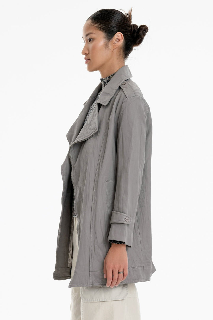 WASHED LEATHER MICRO TRENCH, DOVE - Burning Torch Online Boutique