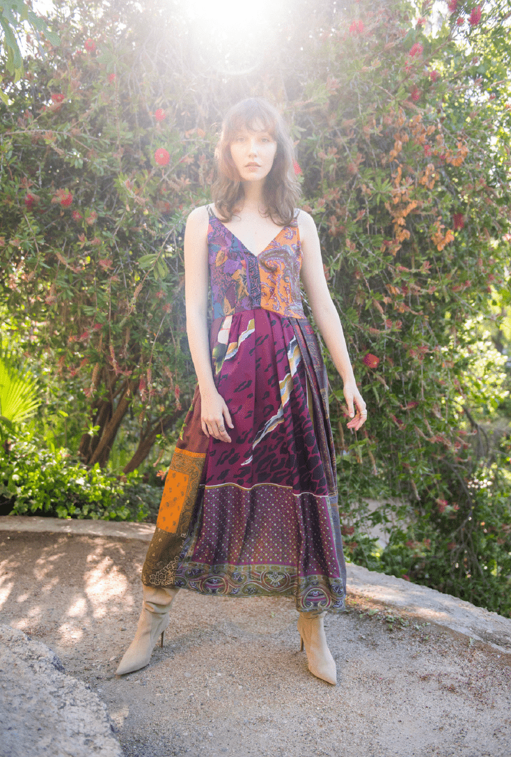ALICE UPCYCLED SCARVES BARE MIDI DRESS, MULTI SAMPLE - Burning Torch Online Boutique