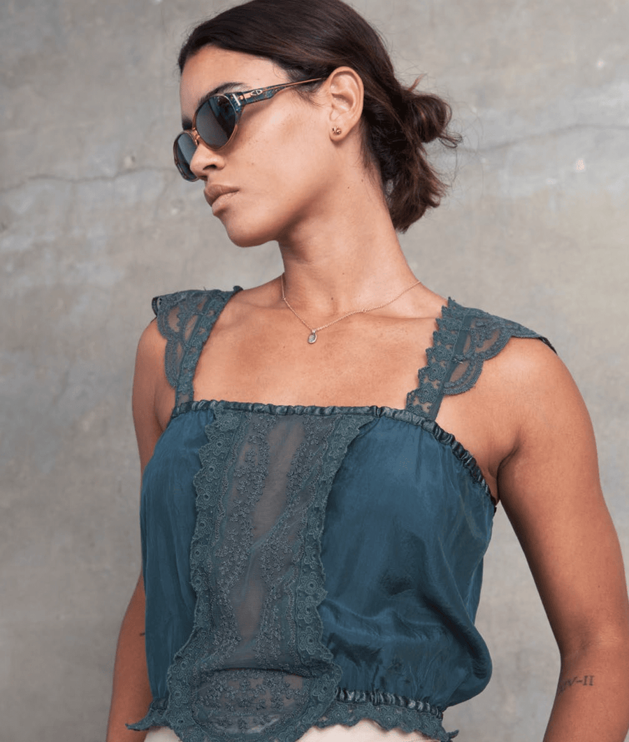 DAPHNE EMBROIDERED SILK CAMI, PETROL, SAMPLE - Burning Torch Online Boutique