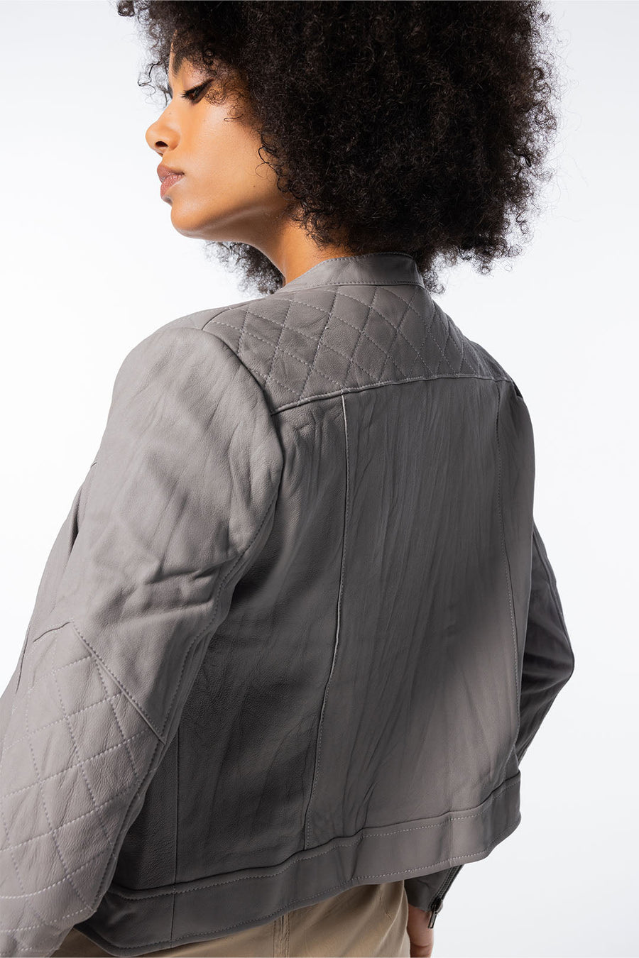QUILTED WASHED LEATHER JACKET, DOVE - SAMPLE 21062 - Burning Torch Online Boutique