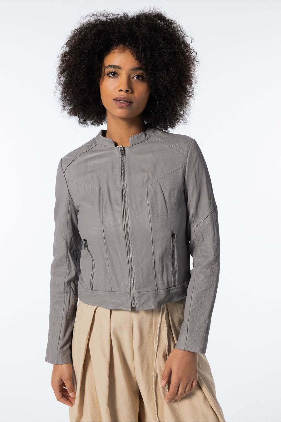QUILTED WASHED LEATHER JACKET, DOVE - SAMPLE 21062 - Burning Torch Online Boutique