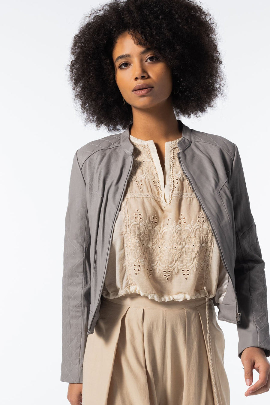 QUILTED WASHED LEATHER JACKET, DOVE - SAMPLE 21062 - Burning Torch Online Boutique