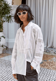 TOLUCA LONG SLEEVE EYELET SHIRT, WHITE - SAMPLE 71890 - Burning Torch Online Boutique