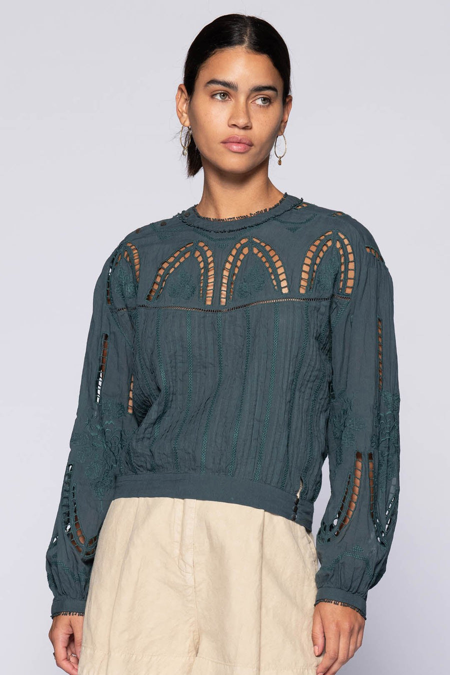 DAPHNE LONG SLEEVE EMBROIDERED COTTON TOP, PETROL - Burning Torch Online Boutique