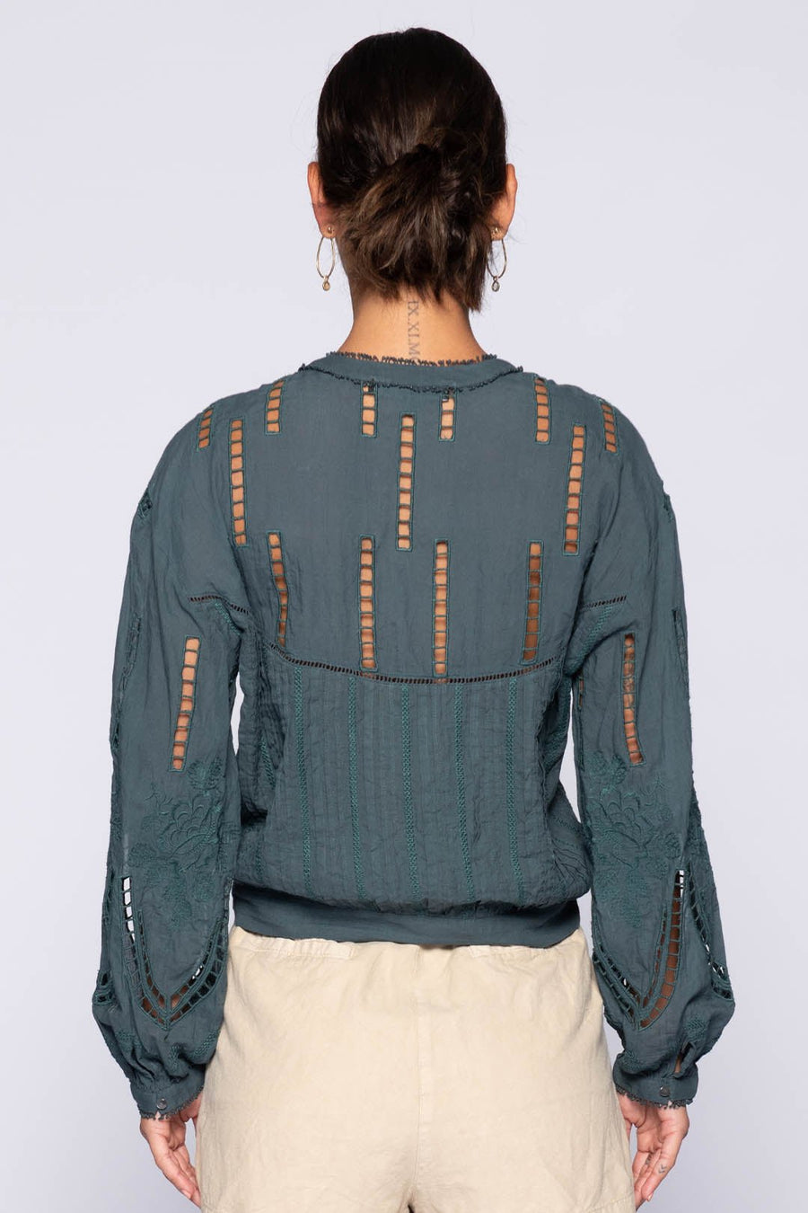 DAPHNE LONG SLEEVE EMBROIDERED COTTON TOP, PETROL - Burning Torch Online Boutique