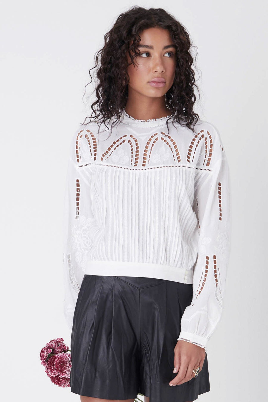 DAPHNE LONG SLEEVE EMBROIDERED COTTON TOP, WHITE - Burning Torch Online Boutique