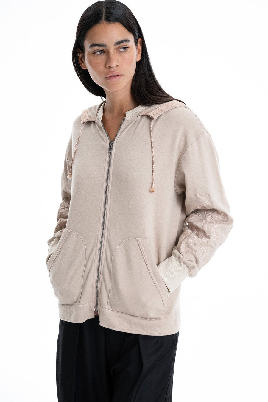 FLEECE HOODIE ZIP JACKET, BIRCH - Burning Torch Online Boutique