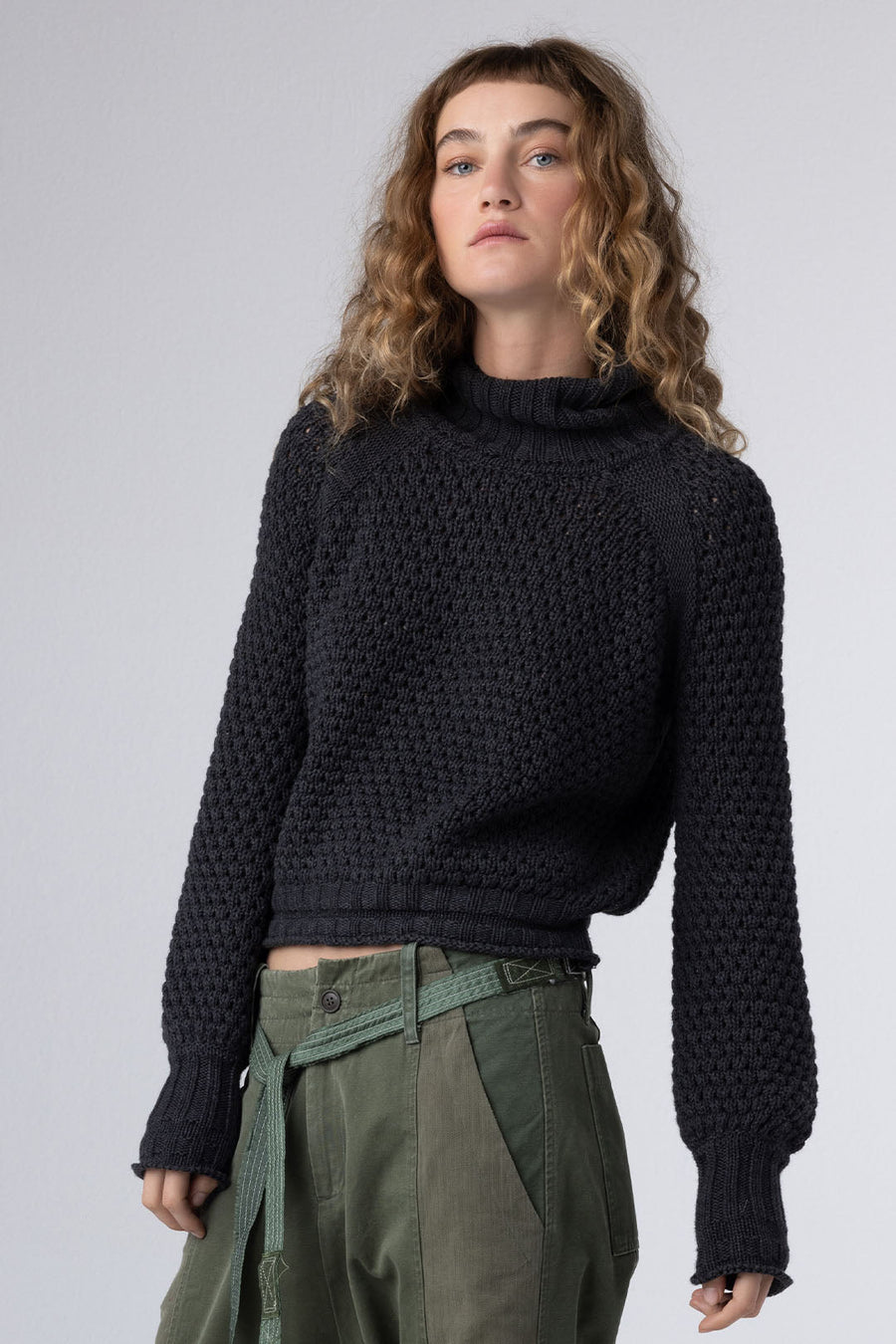 HONEYCOMB CROPPED TURTLENECK SWEATER, CHARCOAL - Burning Torch Online Boutique