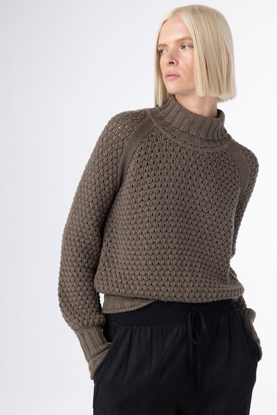 HONEYCOMB CROPPED TURTLENECK SWEATER, CYPRESS - Burning Torch Online Boutique