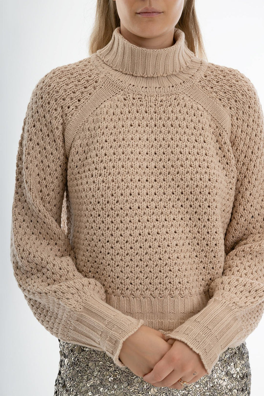 HONEYCOMB CROPPED TURTLENECK SWEATER, POWDER - Burning Torch Online Boutique