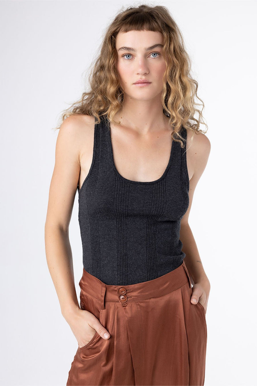 HONEYCOMB KNIT CAMI, CHARCOAL - Burning Torch Online Boutique