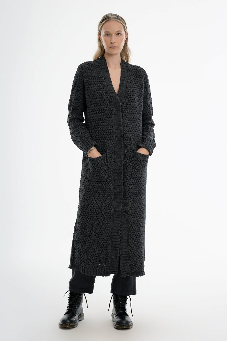 HONEYCOMB LONG CARDIGAN, CHARCOAL - Burning Torch Online Boutique