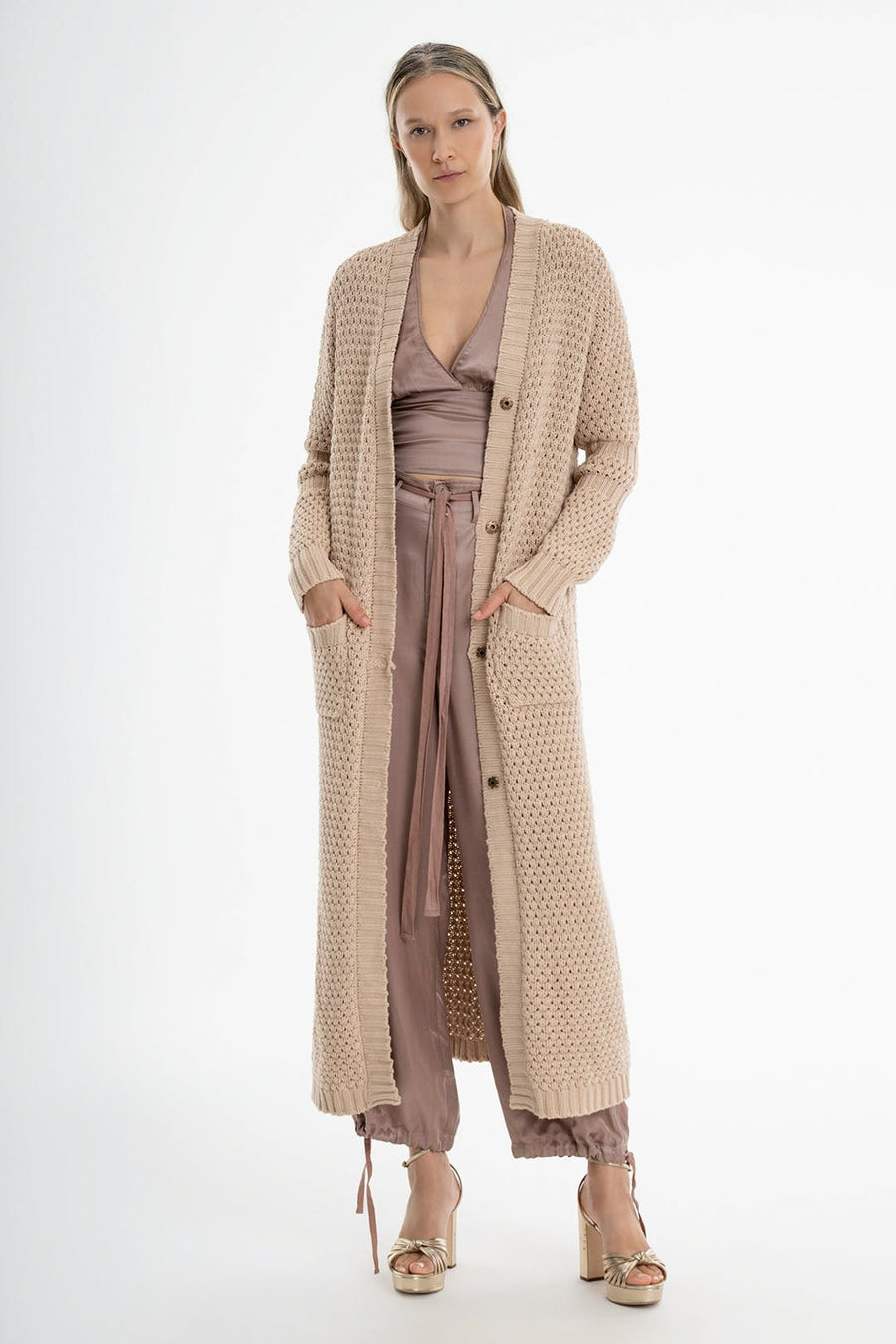 HONEYCOMB LONG CARDIGAN, POWDER - Burning Torch Online Boutique