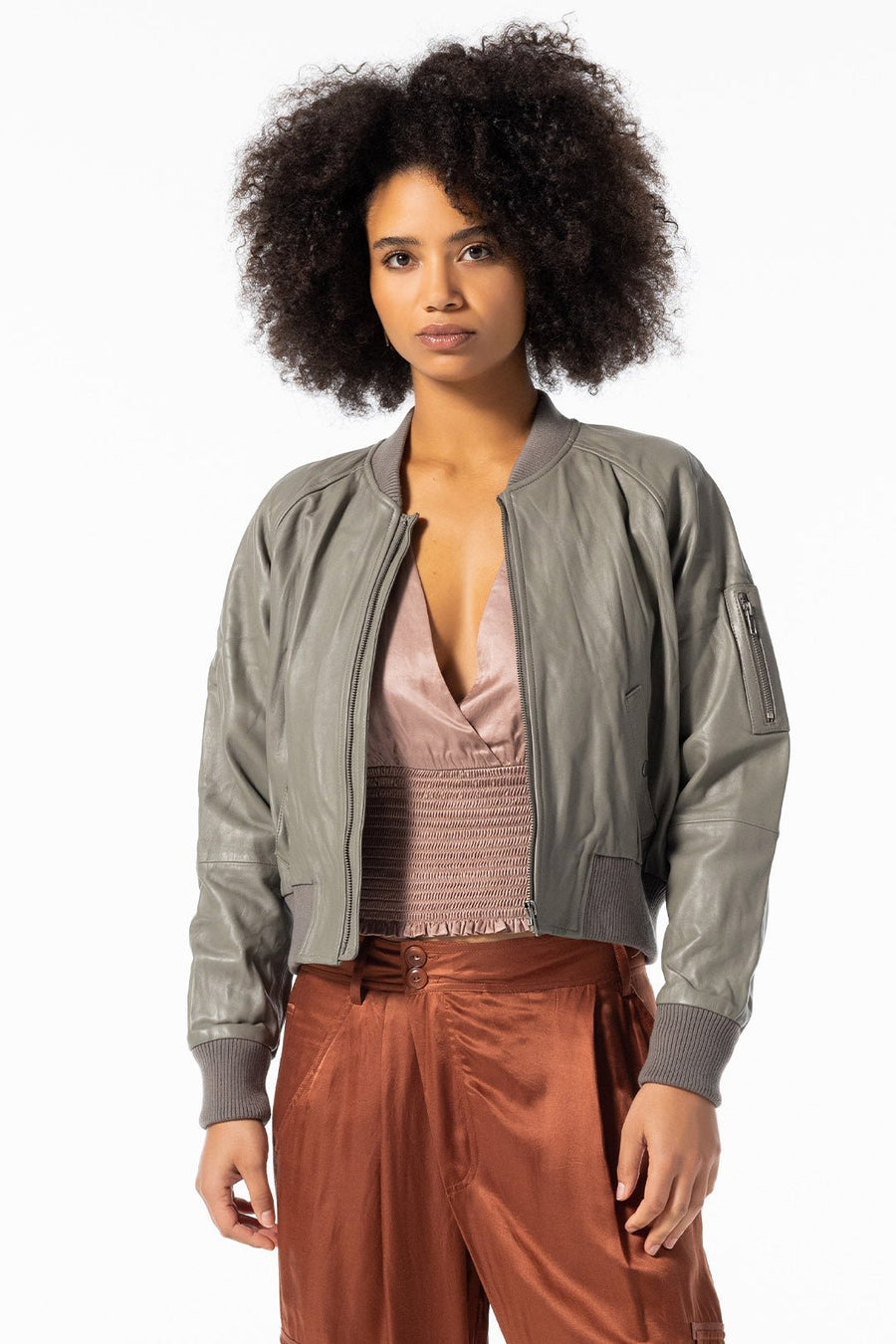 LEATHER BOMBER JACKET, CEMENT - Burning Torch Online Boutique