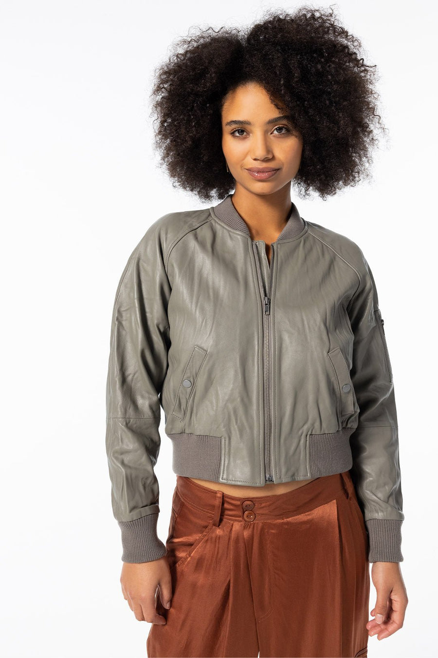 LEATHER BOMBER JACKET, CEMENT - Burning Torch Online Boutique