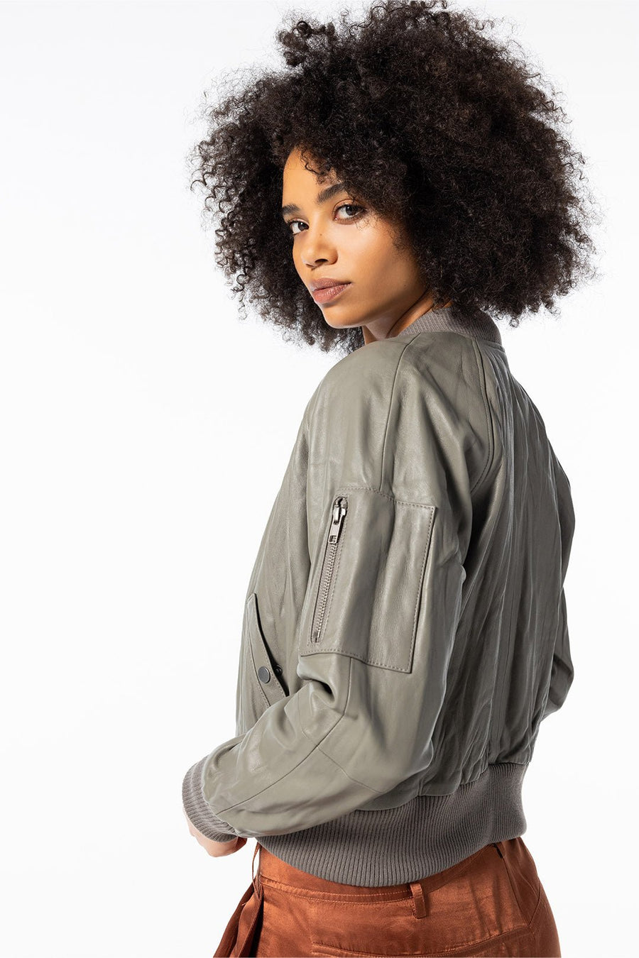 LEATHER BOMBER JACKET, CEMENT - Burning Torch Online Boutique