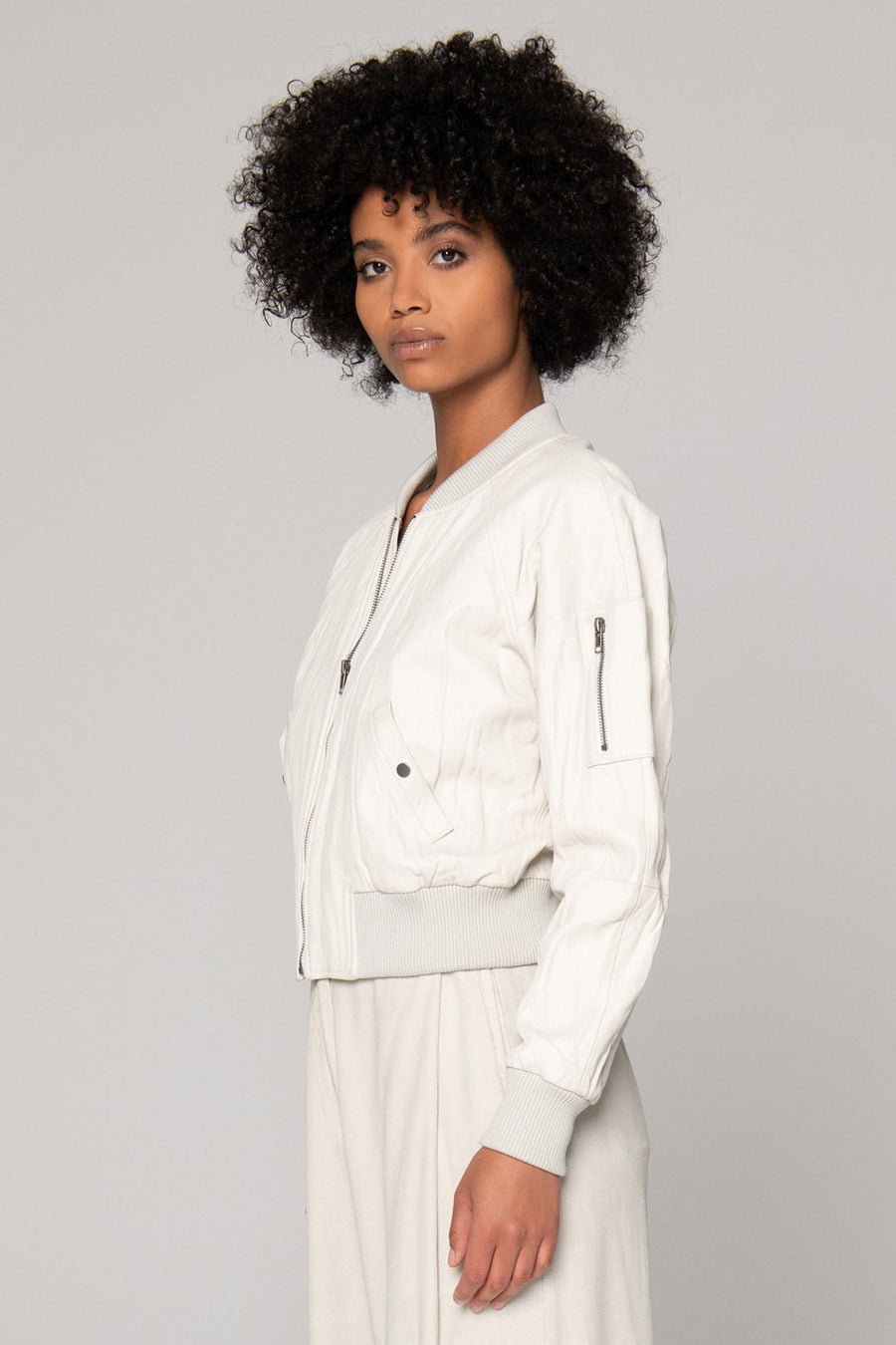 LEATHER BOMBER JACKET, CHALK - Burning Torch Online Boutique