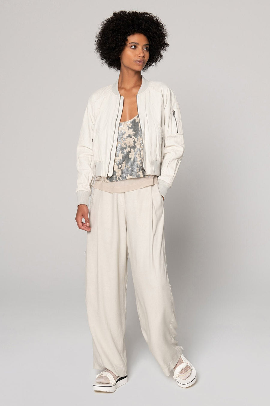 LEATHER BOMBER JACKET, CHALK - Burning Torch Online Boutique