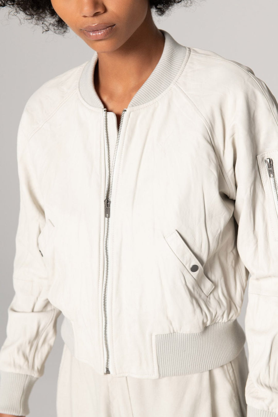 LEATHER BOMBER JACKET, CHALK - Burning Torch Online Boutique
