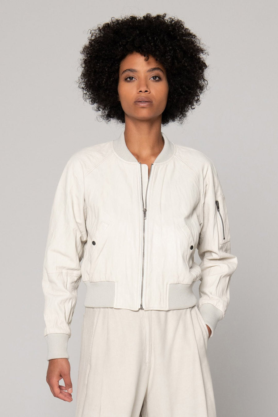 LEATHER BOMBER JACKET, CHALK - Burning Torch Online Boutique