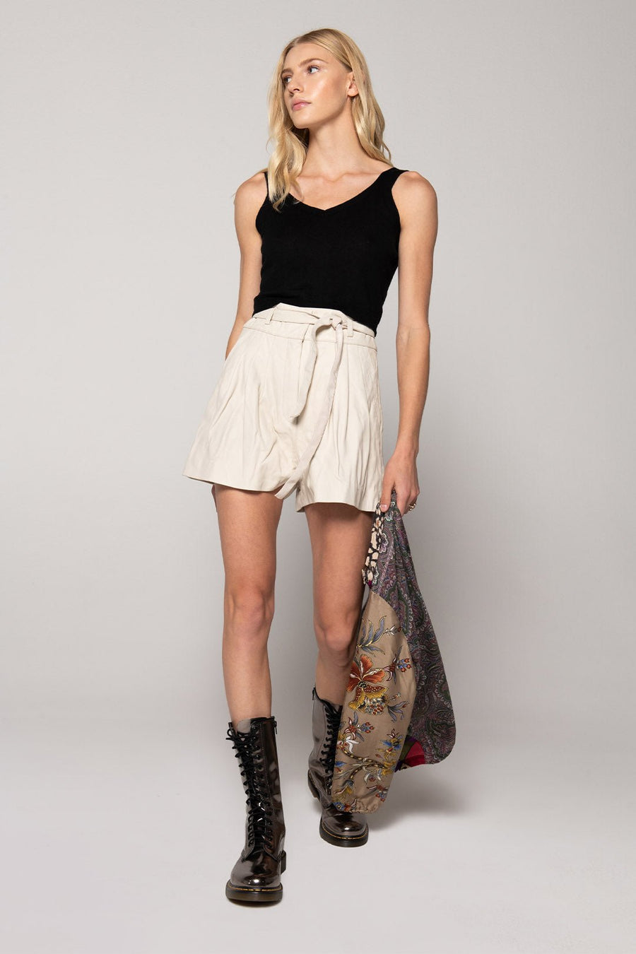 LEATHER PLEATED SHORT, PARCHMENT - Burning Torch Online Boutique