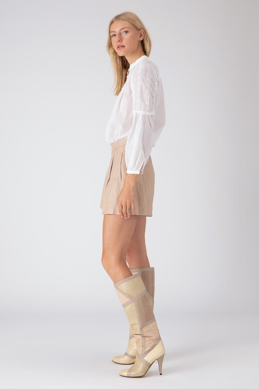 LEATHER PLEATED SHORT, TAPIOCA - Burning Torch Online Boutique