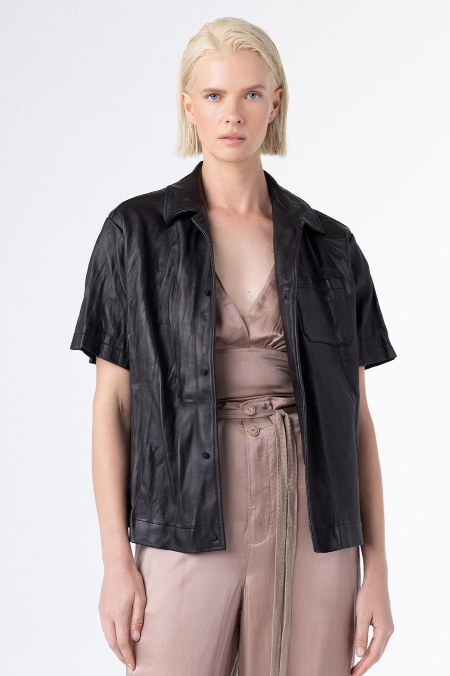 LEATHER SHORT SLEEVE SHIRT, BLACK - SAMPLE 71974 - Burning Torch Online Boutique