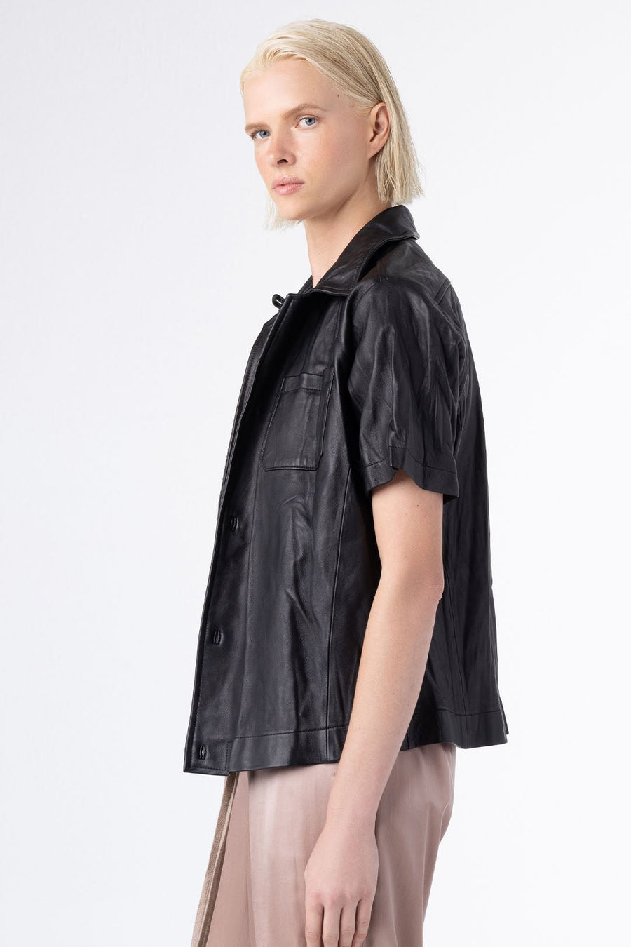LEATHER SHORT SLEEVE SHIRT, BLACK - SAMPLE 71974 - Burning Torch Online Boutique