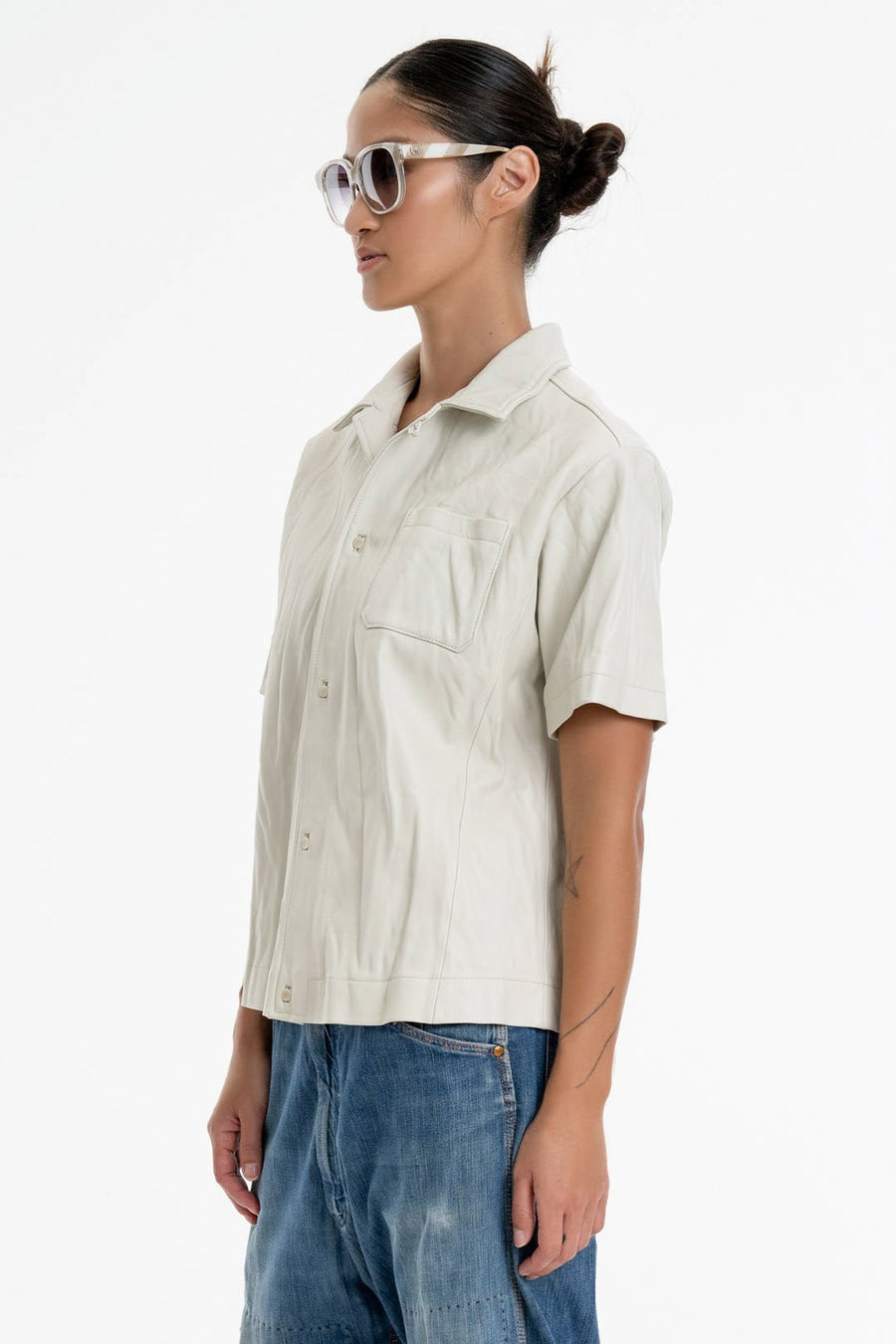 LEATHER SHORT SLEEVE SHIRT, CHALK - Burning Torch Online Boutique