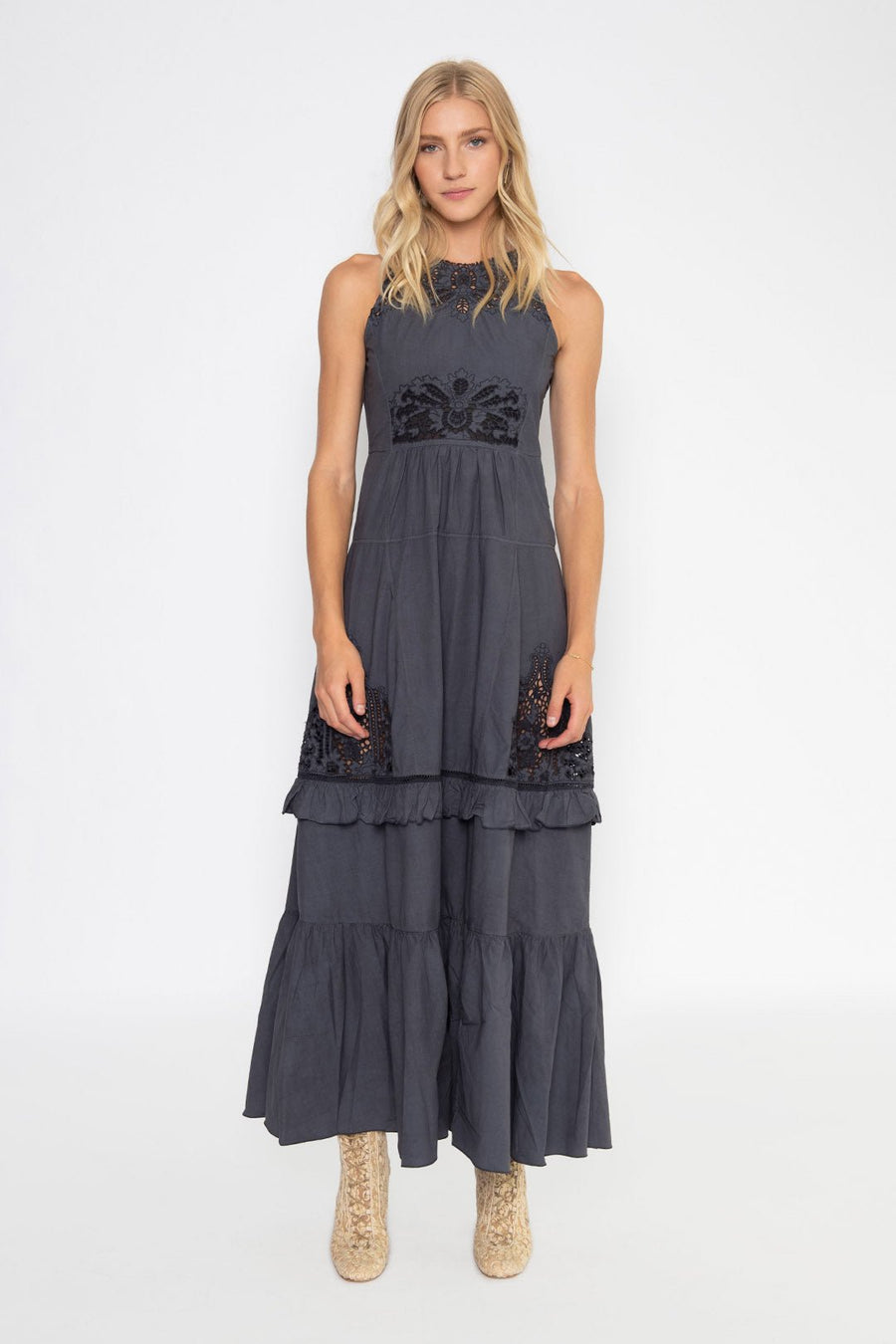 LOTUSLAND EYELET POPLIN DRESS, CHARCOAL - SAMPLE 30458 - Burning Torch Online Boutique