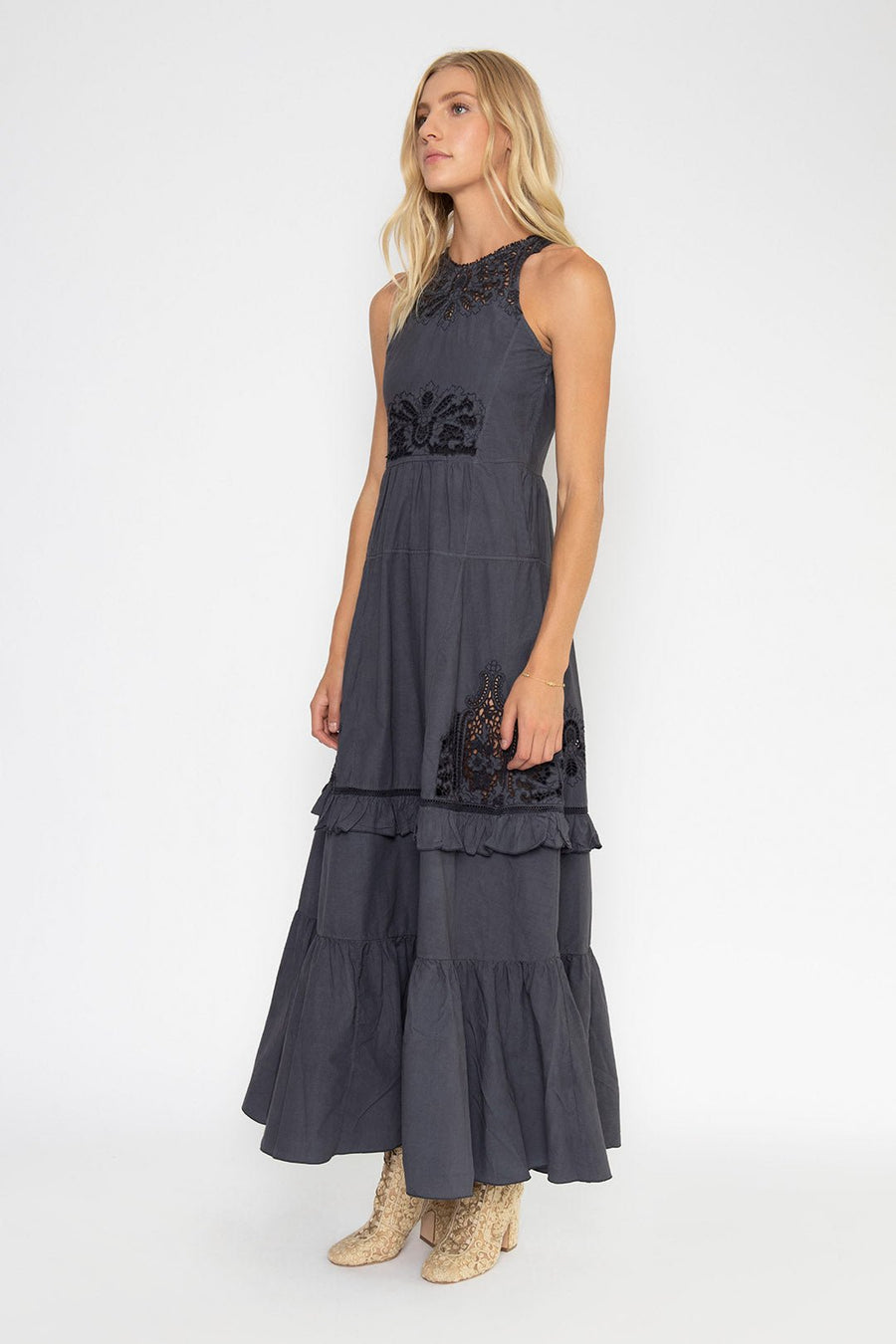 LOTUSLAND EYELET POPLIN DRESS, CHARCOAL - SAMPLE 30458 - Burning Torch Online Boutique