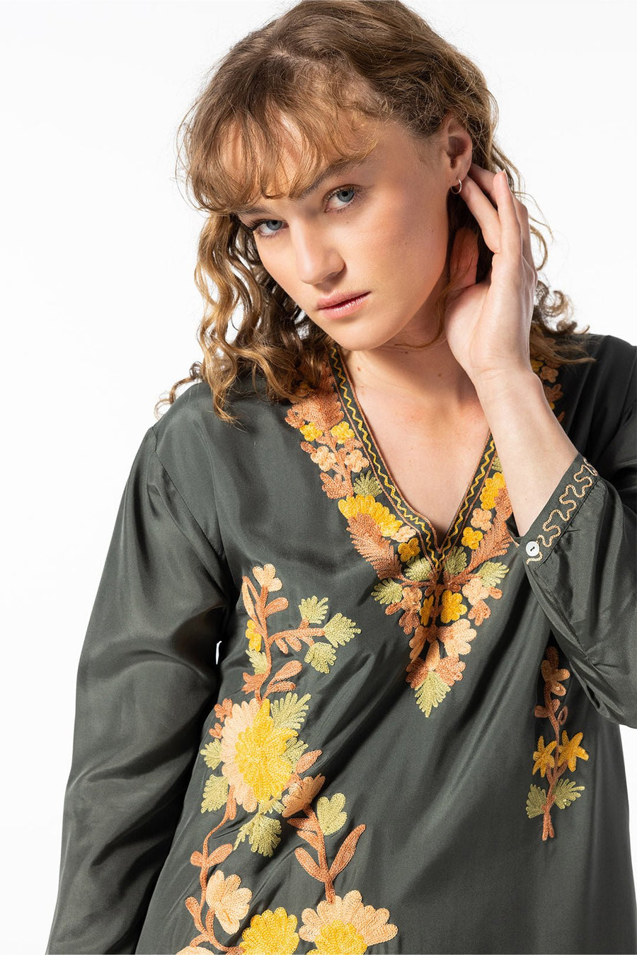 NICO EMBROIDERED CAFTAN, OLIVE - Burning Torch Online Boutique