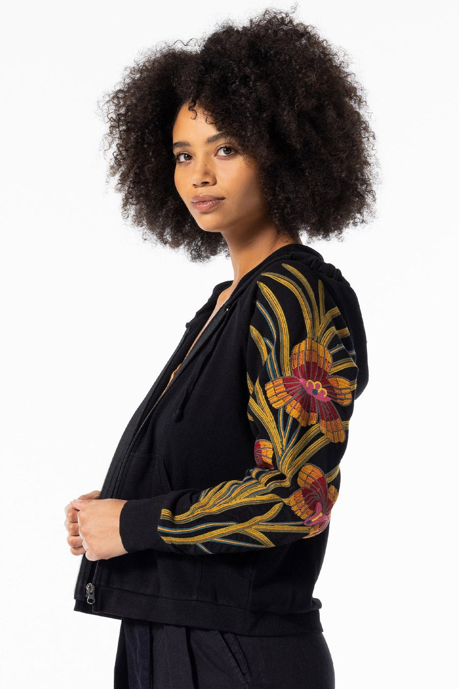 ORCHID FOREST EMBROIDERED HOODIE JACKET, BLACK - Burning Torch Online Boutique