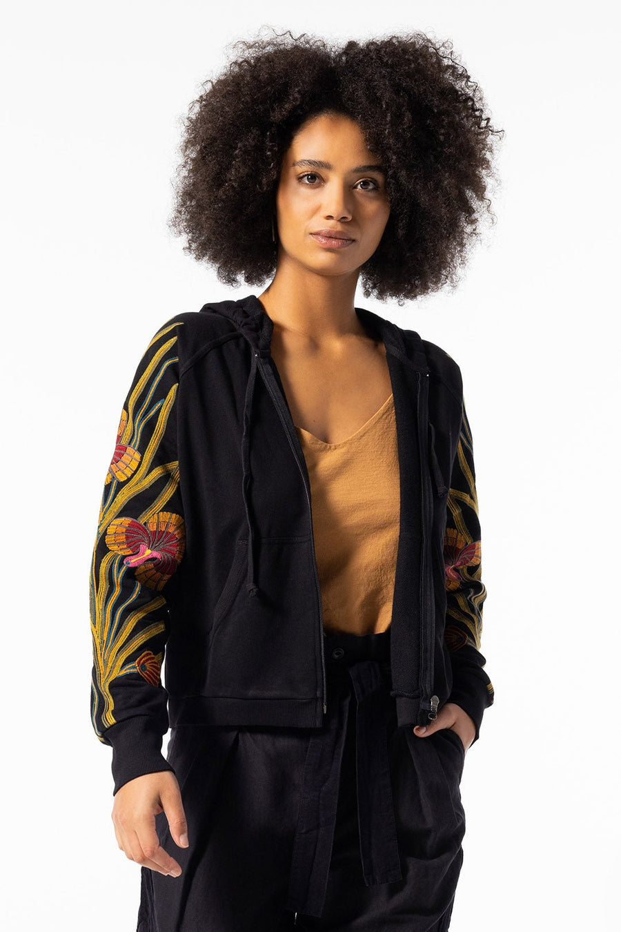 ORCHID FOREST EMBROIDERED HOODIE JACKET, BLACK - Burning Torch Online Boutique