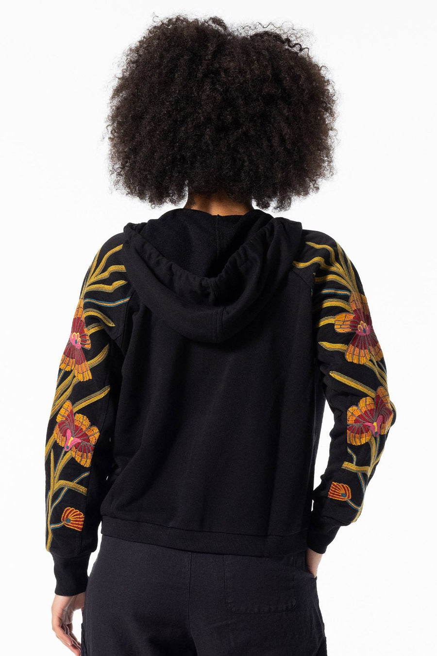 ORCHID FOREST EMBROIDERED HOODIE JACKET, BLACK - Burning Torch Online Boutique