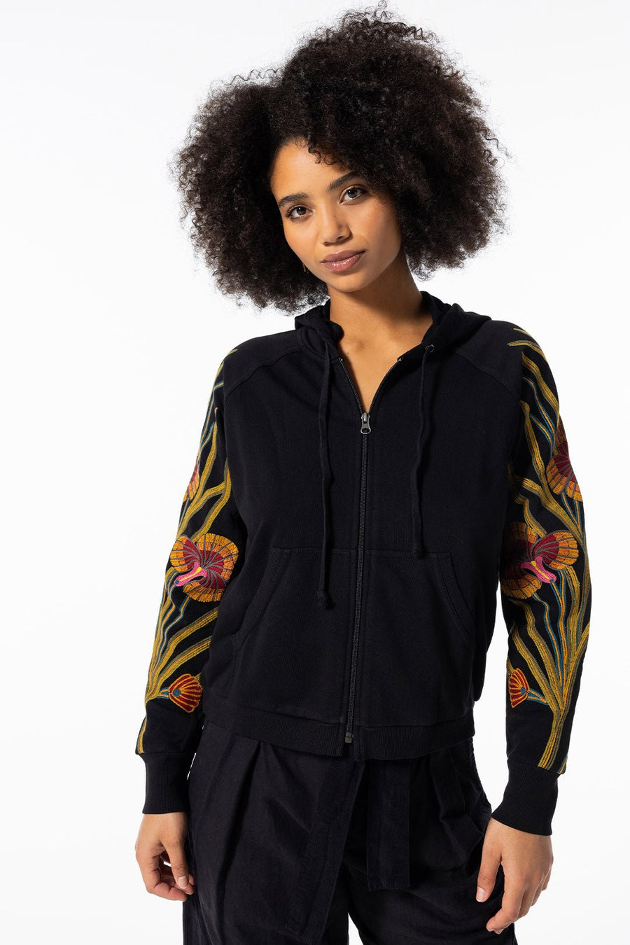 ORCHID FOREST EMBROIDERED HOODIE JACKET, BLACK - Burning Torch Online Boutique