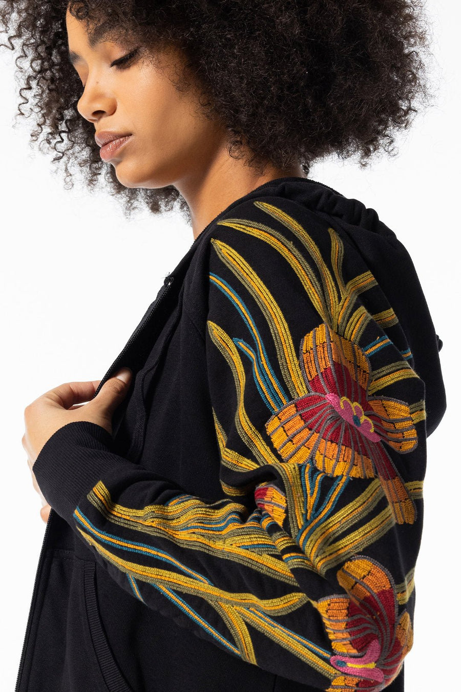ORCHID FOREST EMBROIDERED HOODIE JACKET, BLACK - Burning Torch Online Boutique