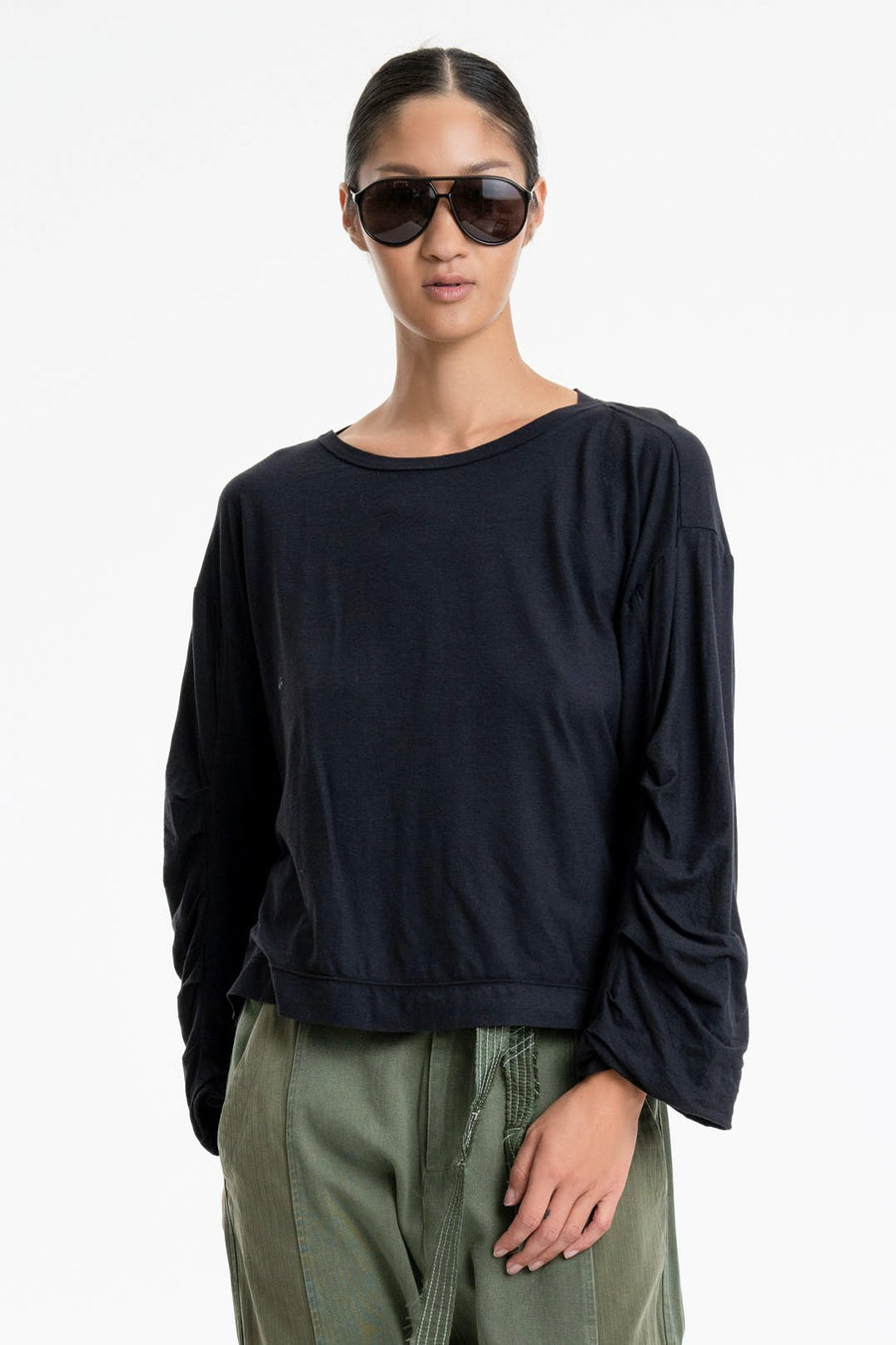 P.C.H. ROUCHED SLEEVE SHIRT, BLACK - Burning Torch Online Boutique