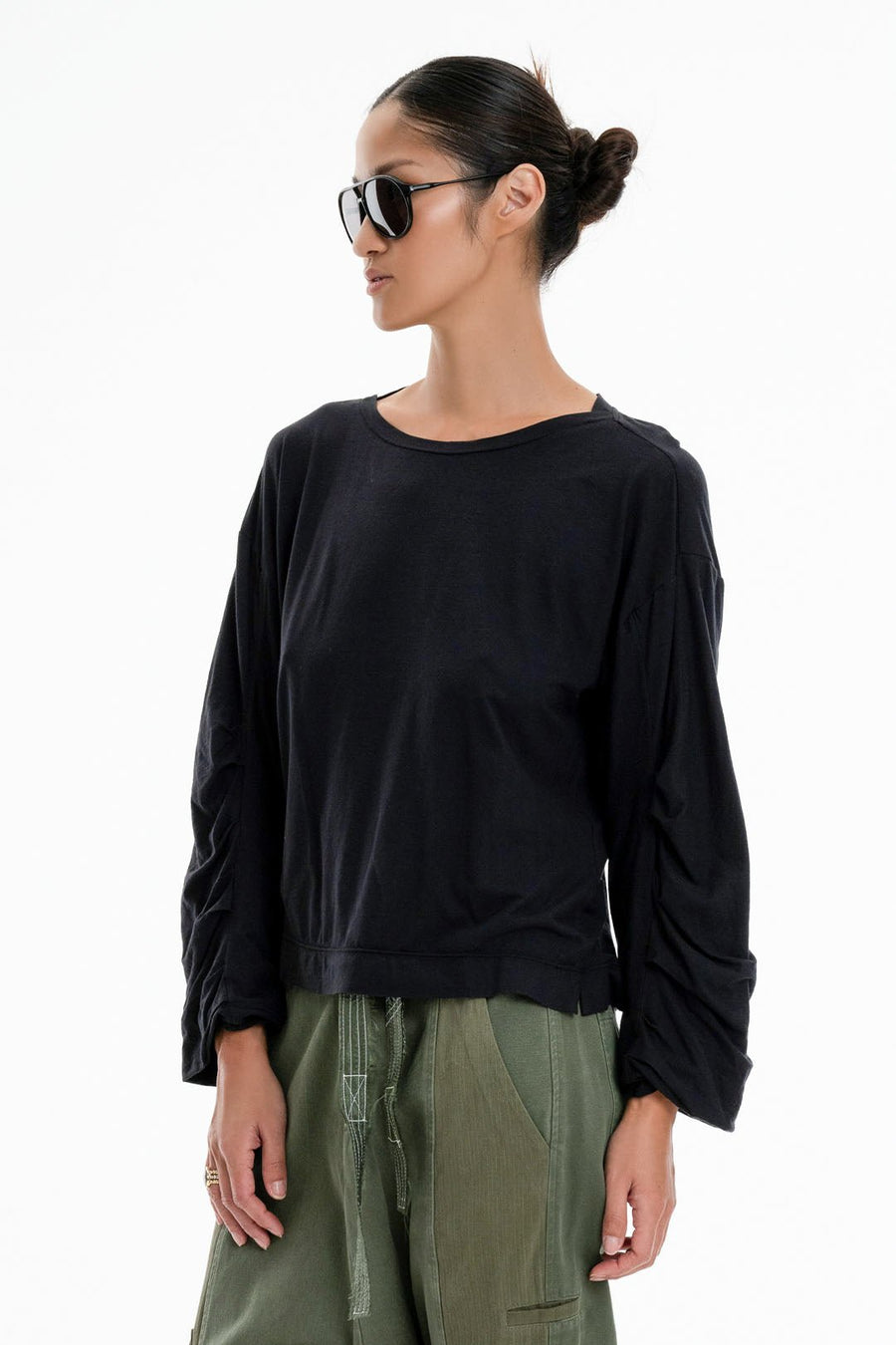 P.C.H. ROUCHED SLEEVE SHIRT, BLACK - Burning Torch Online Boutique