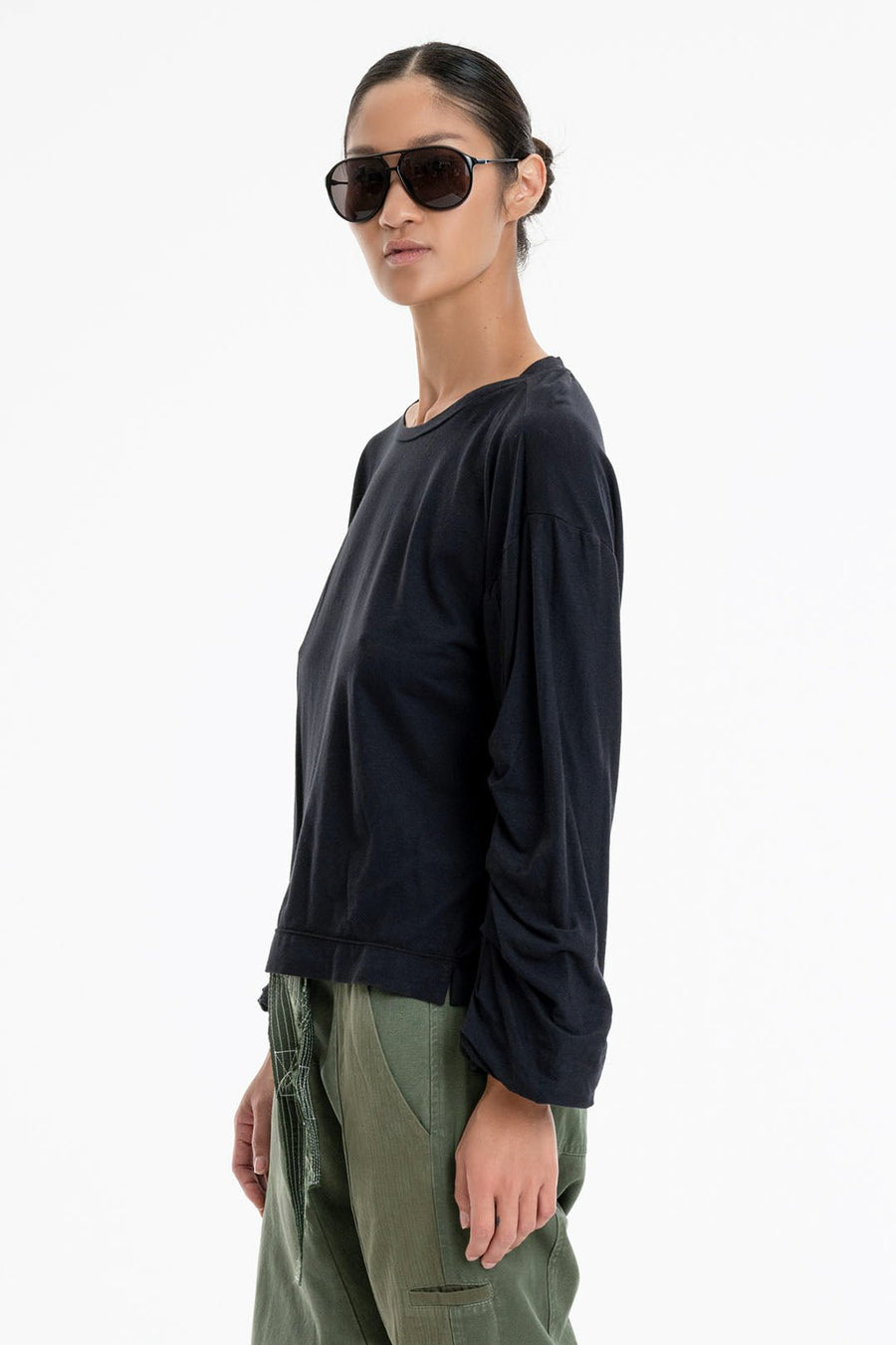 P.C.H. ROUCHED SLEEVE SHIRT, BLACK - Burning Torch Online Boutique