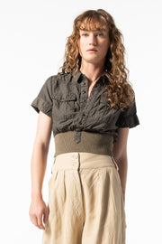SERENGETI SHORT SLEEVE BUTTON DOWN TOP, ARMY - Burning Torch Online Boutique