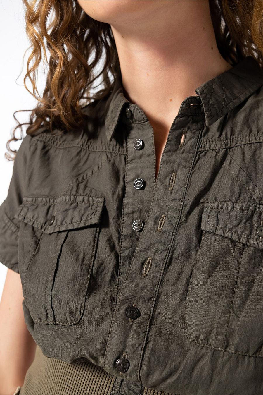 SERENGETI SHORT SLEEVE BUTTON DOWN TOP, ARMY - Burning Torch Online Boutique