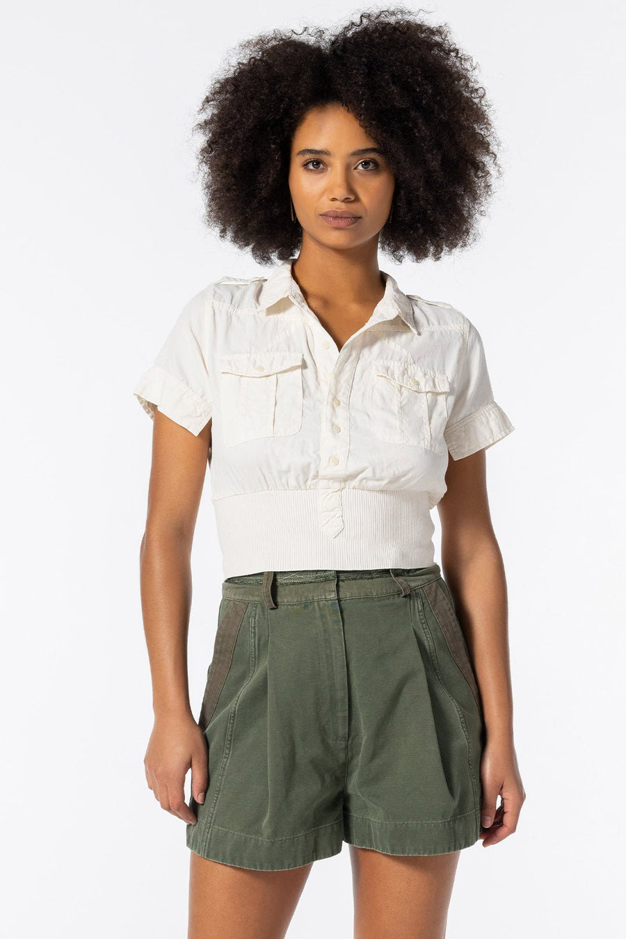 SERENGETI SHORT SLEEVE BUTTON DOWN TOP, NATURAL - Burning Torch Online Boutique