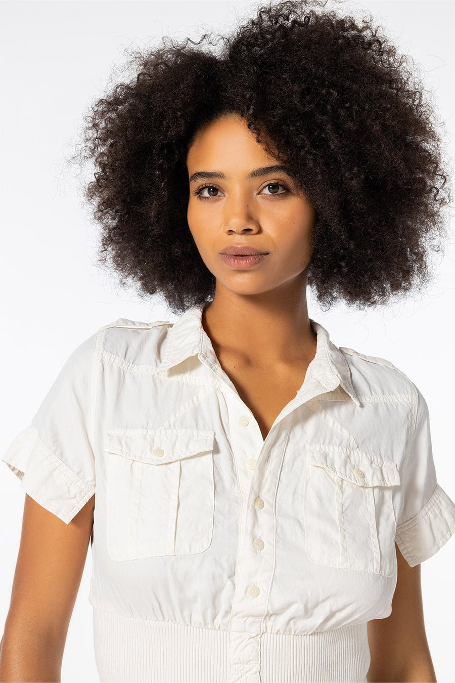 SERENGETI SHORT SLEEVE BUTTON DOWN TOP, NATURAL - Burning Torch Online Boutique