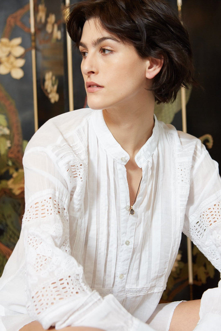 TOLUCA LONG SLEEVE EYELET SHIRT, WHITE - SAMPLE 71890 - Burning Torch Online Boutique