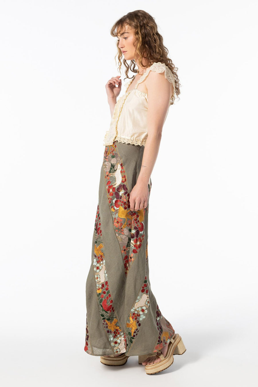 UXMAL EMBROIDERED MAXI SKIRT, ARMY - Burning Torch Online Boutique