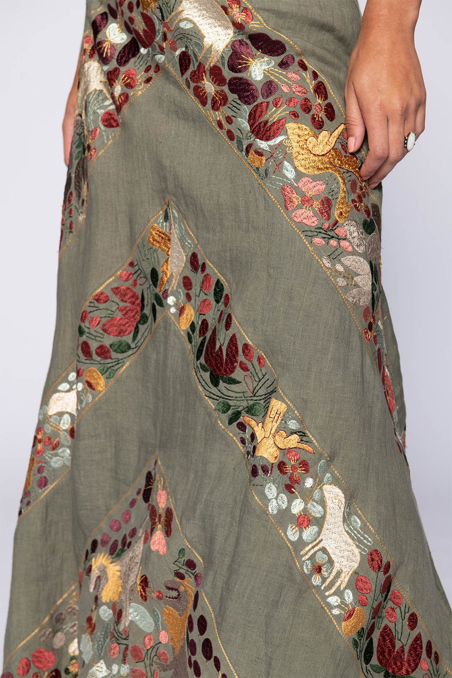 UXMAL EMBROIDERED MAXI SKIRT, ARMY - Burning Torch Online Boutique