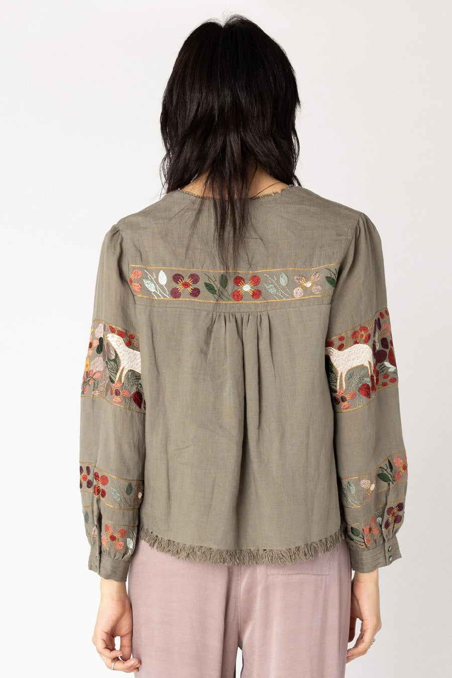 UXMAL LONG SLEEVE EMBROIDERED TOP, ARMY - Burning Torch Online Boutique
