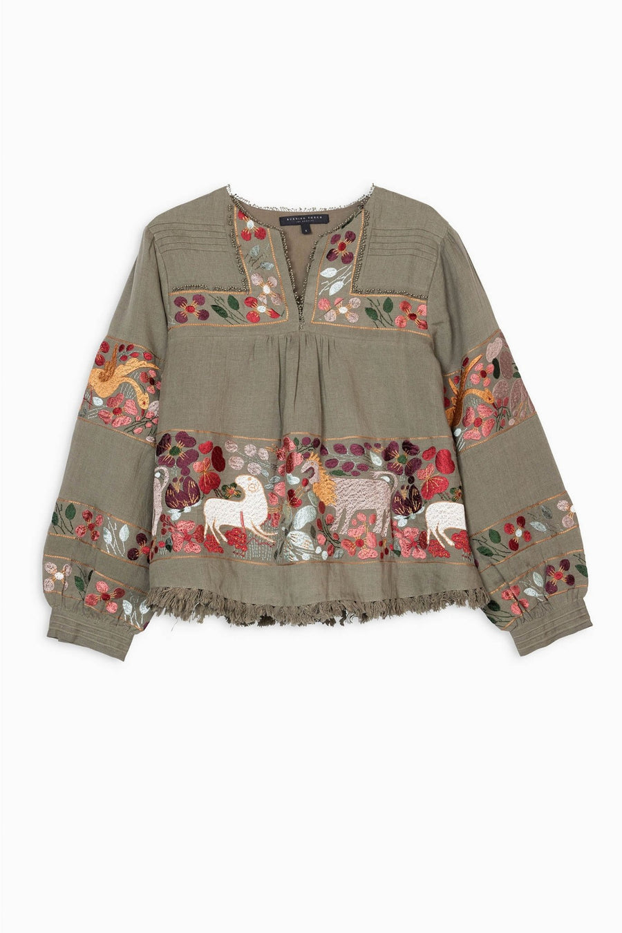 UXMAL LONG SLEEVE EMBROIDERED TOP, ARMY - Burning Torch Online Boutique