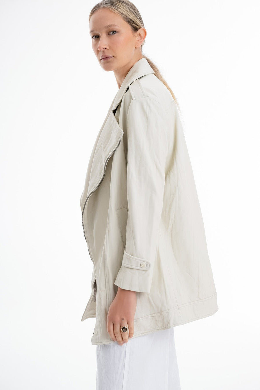 WASHED LEATHER MICRO TRENCH, PEARL - Burning Torch Online Boutique